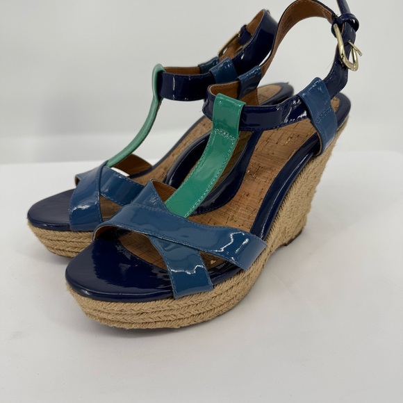Sofft Womens Pedra T-Strap Wedge Sandals size 9.5M Blue Green Multi Color‎ - Picture 1 of 10